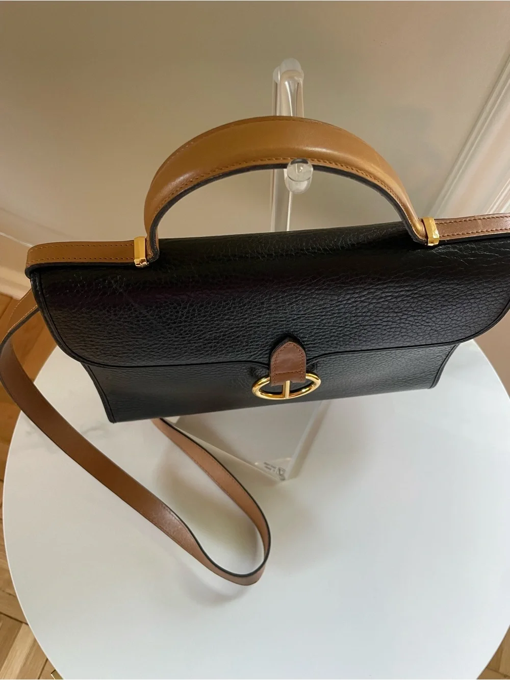Dior Black Pebbled Leather Satchel with Tan Trim and Gold Hardware